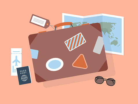 World travel illustration with retro suitcase