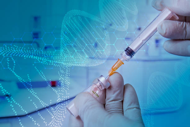 istock gloved hands manipulating a syringe with medications on blue background with futuristic diagram ed hexagons and dna chain 1366159822