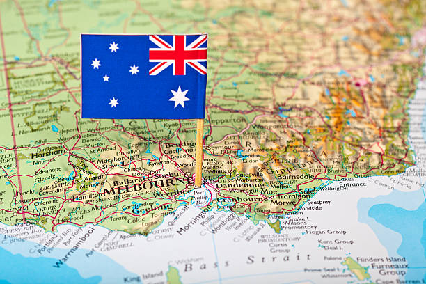 Map and Flag of Australia Map and Flag of Australia. Source: "World reference atlas" melbourne street map stock pictures, royalty-free photos & images