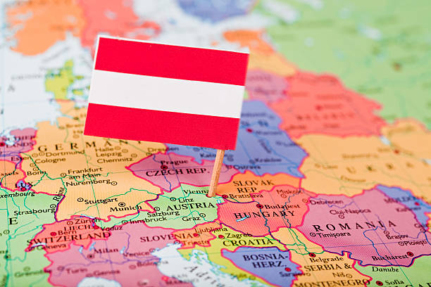Map and Flag of Austria Map and Flag of Austria. Source: "World reference atlas" map vienna austria thumbtack stock pictures, royalty-free photos & images