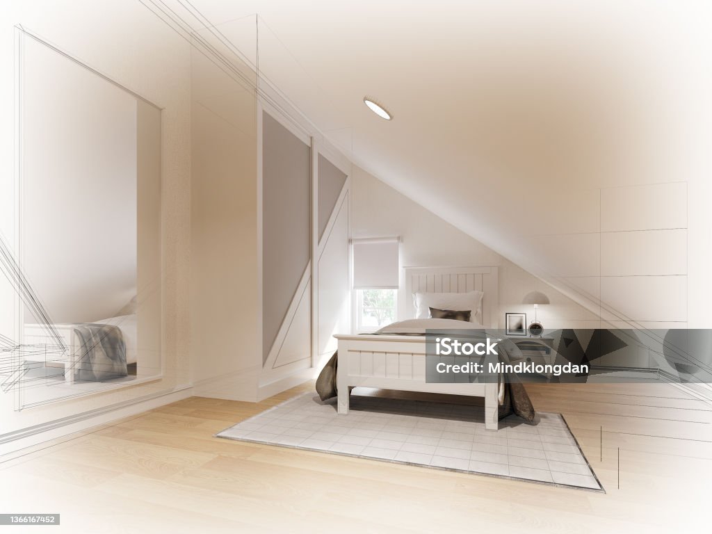 sketch design of interior attic bedroom,3d rendering Attic Stock Photo