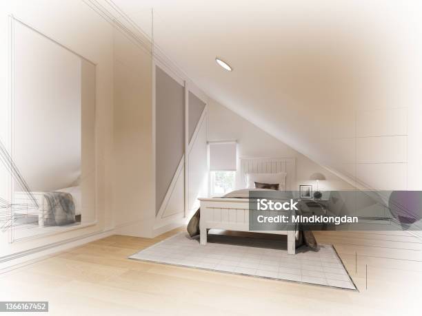 Sketch Design Of Interior Attic Bedroom3d Rendering Stock Photo - Download Image Now