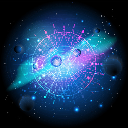 Vector illustration of Sacred geometric symbol against the space background with galaxy and stars. Mystic sign drawn in lines. Image in blue color.