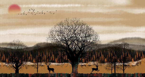 istock 3d modern canvas art mural wallpaper with black trees and light painting background. mountains, sun, deers, and black birds. 1366169065