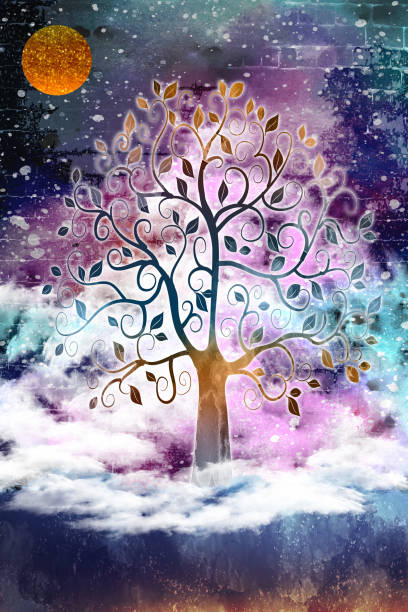 istock 3d tree wallpaper landscape. clouds, sun golden tree in dark colorful background. 1366169699