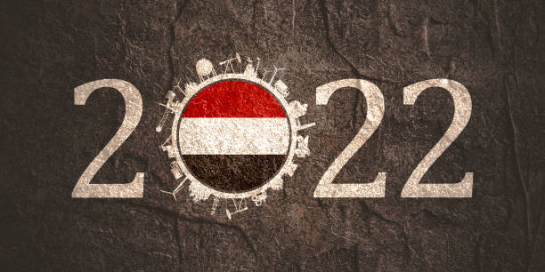 2022 year number with industrial icons around zero digit. Flag of Yemen. Industrial lettering design. Energy generation and heavy industry development concept каким будет 2022 год stock illustrations