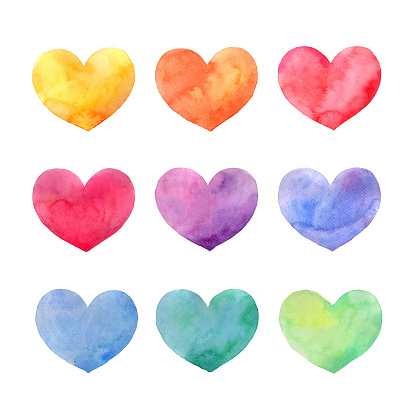 Set of colorful watercolor hearts for valentines day, holiday, health care and wedding decoration.