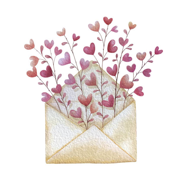 otwarta koperta z gałęziami kwiatów serca. list miłosny na walentynki. - vector valentine card craft valentines day stock illustrations