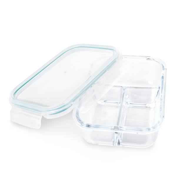 Clear glass food storage containers on white background stock photo