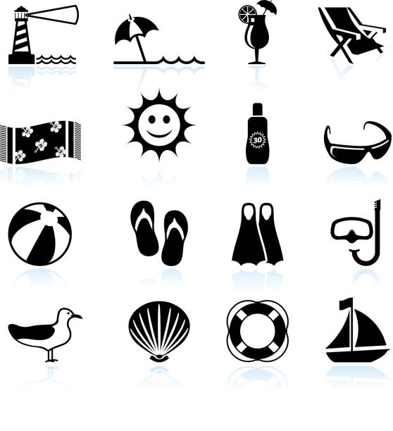ilustrações, clipart, desenhos animados e ícones de diversão de verão praia em preto e branco. vector conjunto de ícones - sun sunlight symbol sphere