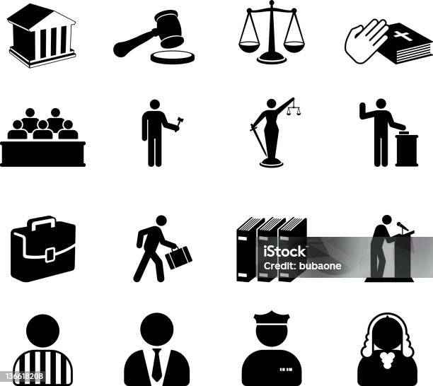 Court Room Legal System Black And White Vector Icon Set Stock Illustration - Download Image Now