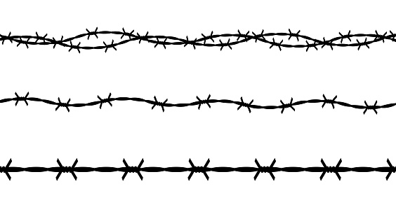 Twisted barbed wire silhouettes set. Straight and wavy curved military border for secured territory. Flat vector illustration isolated on white background.