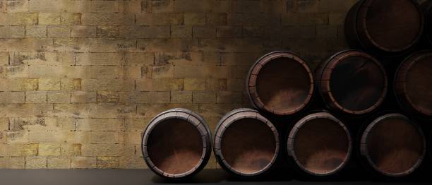 barril de madera de roble, barriles de cerveza de vino apilados en el suelo en una bodega oscura, fondo de pared de piedra. renderizado 3d - warehouse floor brewery winery fotografías e imágenes de stock