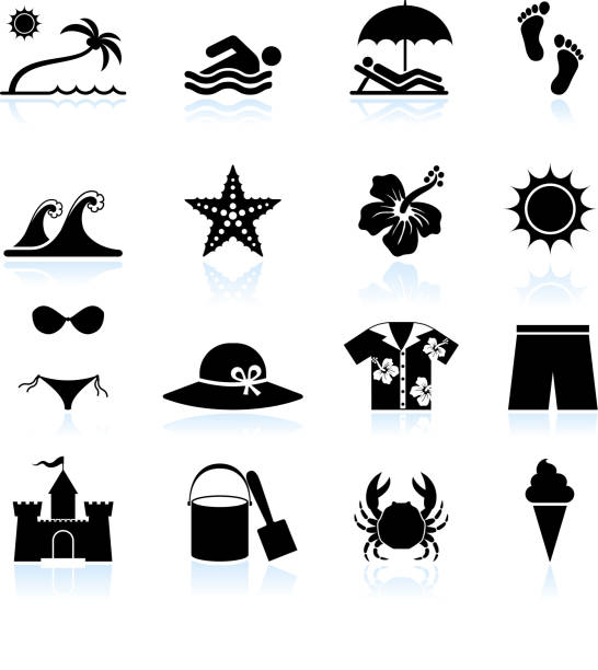 sommer strand zeit schwarz und weiß, vektor icon-set - swimming trunks swimwear clothing beach stock-grafiken, -clipart, -cartoons und -symbole