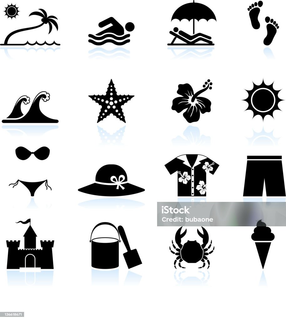 Tempo di estate spiaggia bianco e nero icona set vettoriale - arte vettoriale royalty-free di Spiaggia