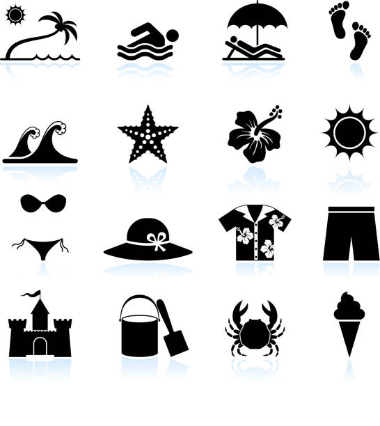 여름 해변 흑백 벡터 아이콘 세트 - swimming trunks swimwear clothing beach stock illustrations