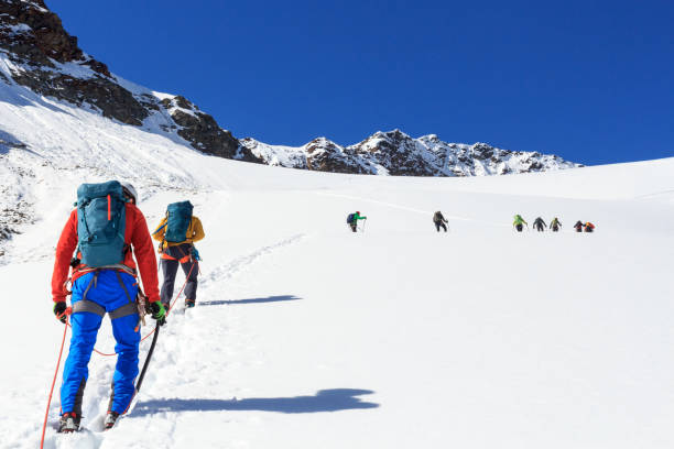 オーストリアのチロルアルプスの青空を持つセクシュゲルテンシュッツェと山の雪のパノラマに向かって氷河セクシュガーテンファーナーのクランポンで登山するロープチーム - ötztal alps ストックフォトと画像