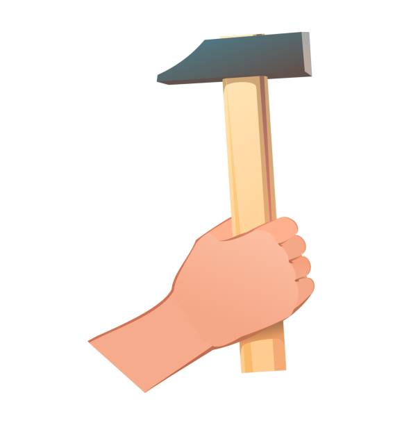 illustrazioni stock, clip art, cartoni animati e icone di tendenza di mano destra con martello universale convenzionale per diversi tipi di lavoro. oggetto isolato su sfondo bianco. divertente stile cartone animato. vettore - hammer isolated human arm holding