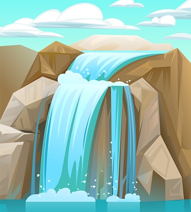 Waterfall among rocks. Summer clouds. Cascade shimmers downward. Water flowing. Vector.