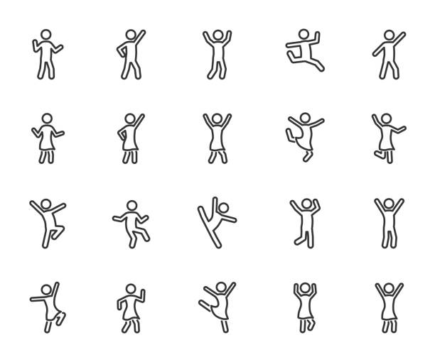 ilustraciones, imágenes clip art, dibujos animados e iconos de stock de conjunto vectorial de iconos de línea de personas bailando. píxel perfecto. - samba dancing