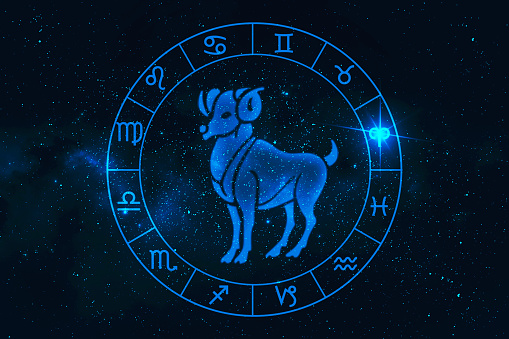 aries horoscope sign in twelve zodiac with galaxy stars background, graphic of polygon man thinking
