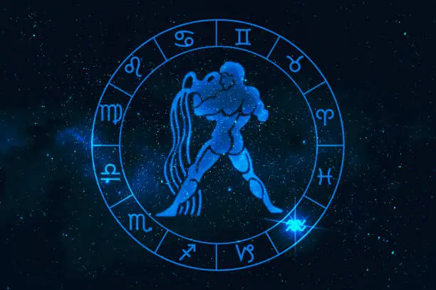 aquarius horoscope sign in twelve zodiac with galaxy stars background, graphic of polygon man thinking