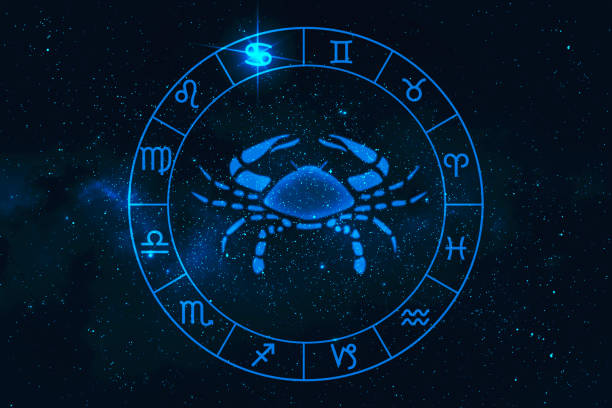 cancer horoscope sign in twelve zodiac with galaxy stars backgroun cancer horoscope sign in twelve zodiac with galaxy stars background, graphic of polygon man thinking cancer astrology sign photos stock pictures, royalty-free photos & images