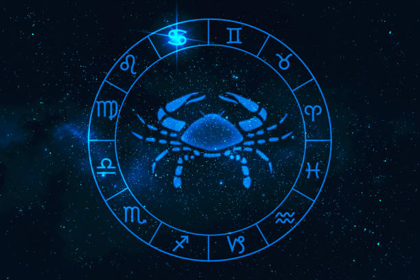 cancer horoscope sign in twelve zodiac with galaxy stars backgroun cancer horoscope sign in twelve zodiac with galaxy stars background, graphic of polygon man thinking cancer astrology sign stock pictures, royalty-free photos & images