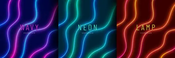 Vector illustration of Set of blue-green, red-purple and orange-yellow illuminate lighting lines. Abstract vibrant color template design. Collection of glowing neon wavy lighting on dark background. futuristic style.