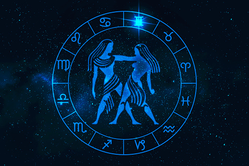 Gemini horoscope sign in twelve zodiac with galaxy stars background, graphic of polygon man thinking