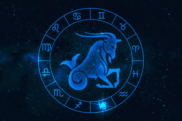 capricorn horoscope sign in twelve zodiac with galaxy stars backgroun capricorn horoscope sign in twelve zodiac with galaxy stars background, graphic of polygon man thinking capricorn photos stock pictures, royalty-free photos & images