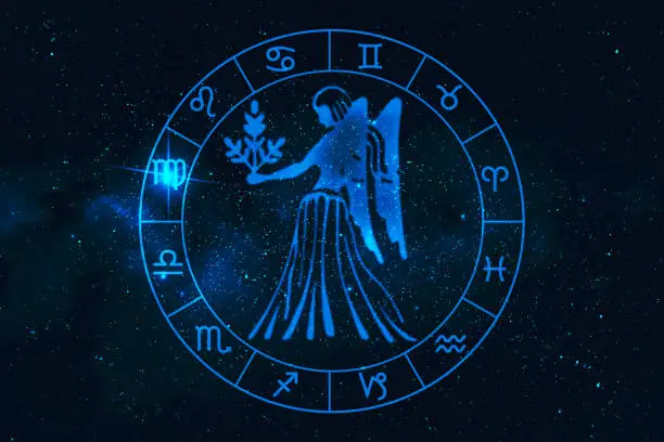 virgohoroscope sign in twelve zodiac with galaxy stars background, graphic of polygon man thinking