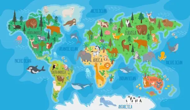 Vector illustration of .Cartoon world map for kids nursery with forest animals. Children geography education with europe, asia, australia and america vector poster