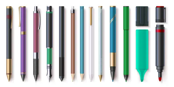 Vector illustration of Realistic office writing supplies, pencils, pens and markers. Highlighter, graphite pencil with eraser. School stationery tools vector set