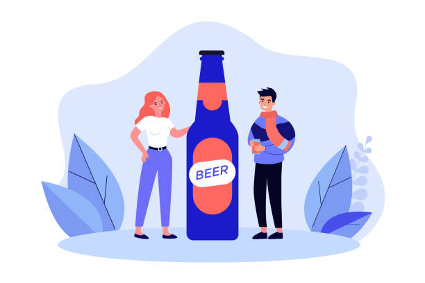 illustrazioni stock, clip art, cartoni animati e icone di tendenza di piccoli giovani in piedi vicino alla bottiglia di vetro della birra - aperitivo