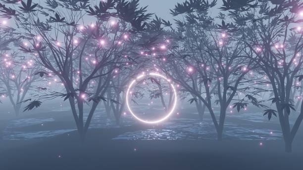 istock abstract mystical forest with glowing particles and circle 1366198999
