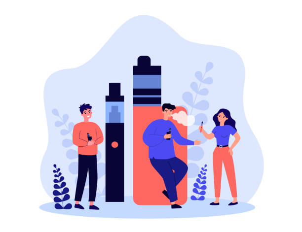 Tiny hipsters smoking alternative electronic cigarettes Tiny hipsters smoking alternative electronic cigarettes. Persons holding vaporizers and vaping flat vector illustration. Vape shop, lifestyle concept for banner, website design or landing web page landing touching down stock illustrations