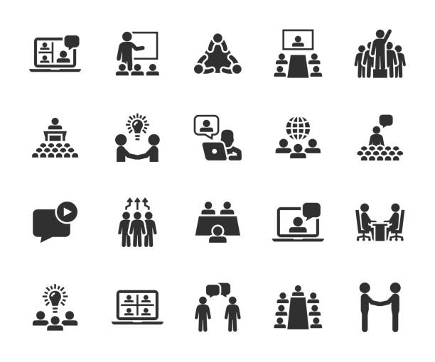 ilustrações de stock, clip art, desenhos animados e ícones de vector set of meeting flat icons. contains icons video conference, seminar, teamwork, online meeting, webinar, leader, partnership, international meeting, conference and more. pixel perfect. - sala de aula