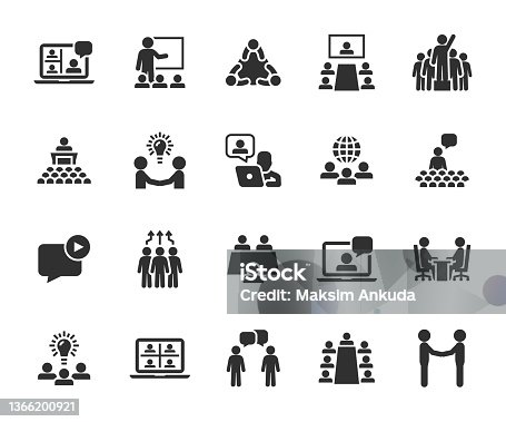 istock Vector set of meeting flat icons. Contains icons video conference, seminar, teamwork, online meeting, webinar, leader, partnership, international meeting, conference and more. Pixel perfect. 1366200921