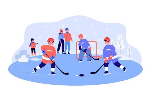 Vector illustration of Kids playing hockey game on ice rink in city park