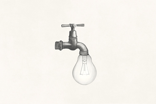 Illustration of light bulb as drop of water falling out of faucet
