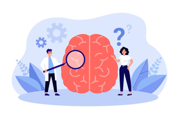 Tiny doctors studying human brain diseases Tiny doctors studying human brain diseases. Male scientist holding magnifier for diagnostics flat vector illustration. Psychology, neurology concept for banner, website design or landing web page nerves stock illustrations