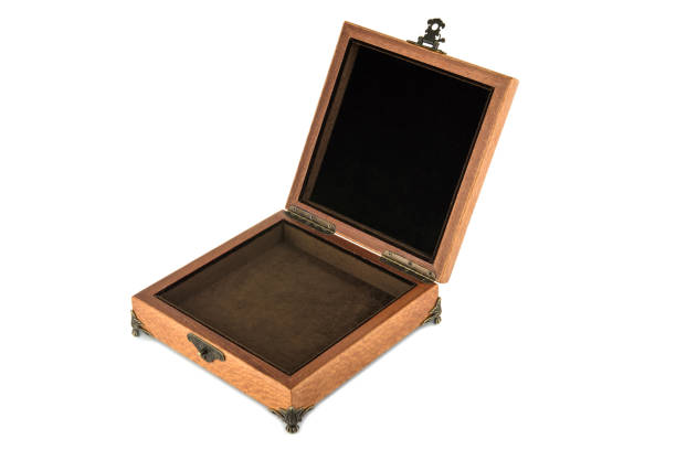 Empty Open wooden jewelry box with velvet lining and vintage accessories and Clipping Pathon white background. used for storing small things, Luxury packaging for anything.