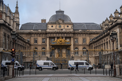 Paris, France - January 11 2022: The Palais de Justice - a courthouse in Paris on a cloudy winter day.