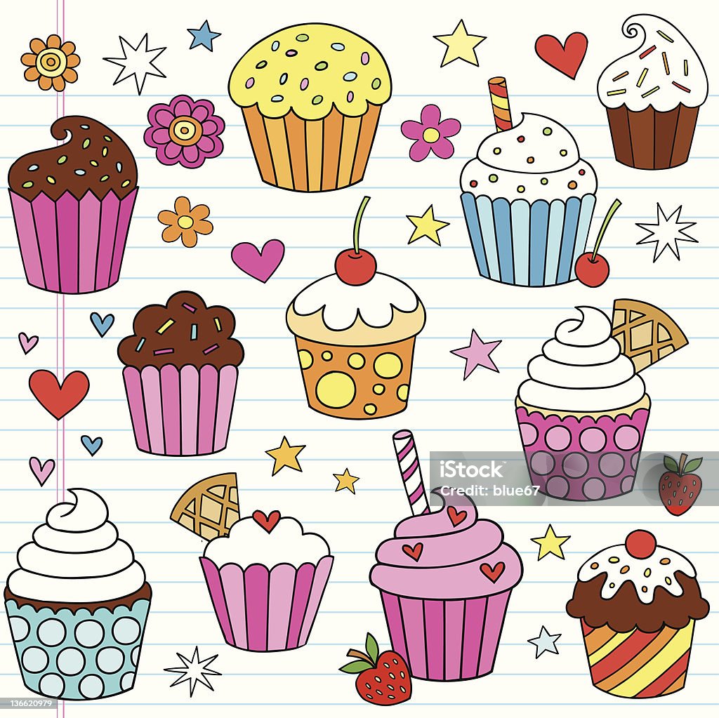 Cupcake Doodles Vector Design Elements Hand-drawn Cute Tasty Birthday Cupcake Dessert Notebook Doodles with Flowers, Stars, and Swirls. Vector Illustration on on Lined Notebook / Sketchbook Paper Background. Illustrator AI file also included. I ♥ Doodles! 1960-1969 stock vector