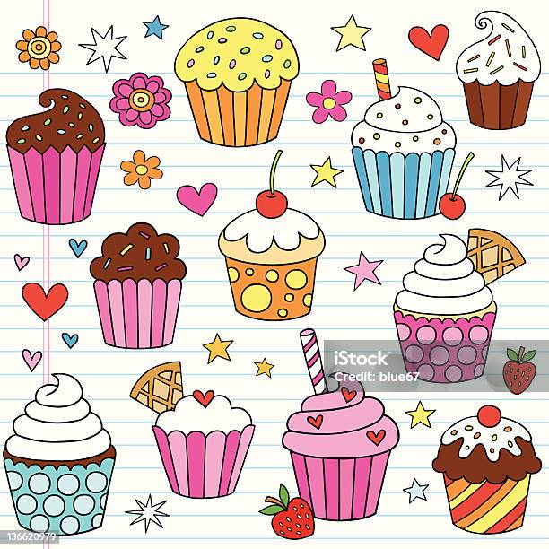 Cupcake Doodles Vector Design Elements Stock Illustration - Download Image Now - 1960-1969, Abstract, Baking