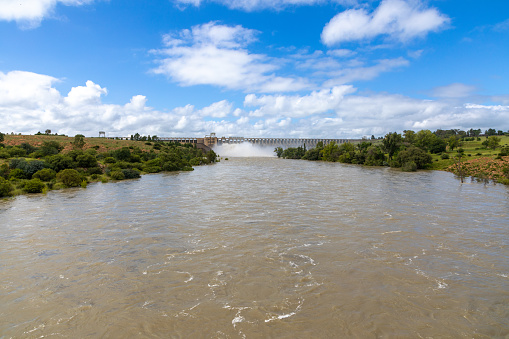 Vaal River in flood with the open Sluice gates  and dam wall of the Vaaldam in South Africa after good rains in the background