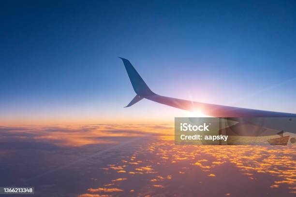 Sunset Sky From An Airplane Wing View Of The Horizon And Sun Lights Stock Photo - Download Image Now