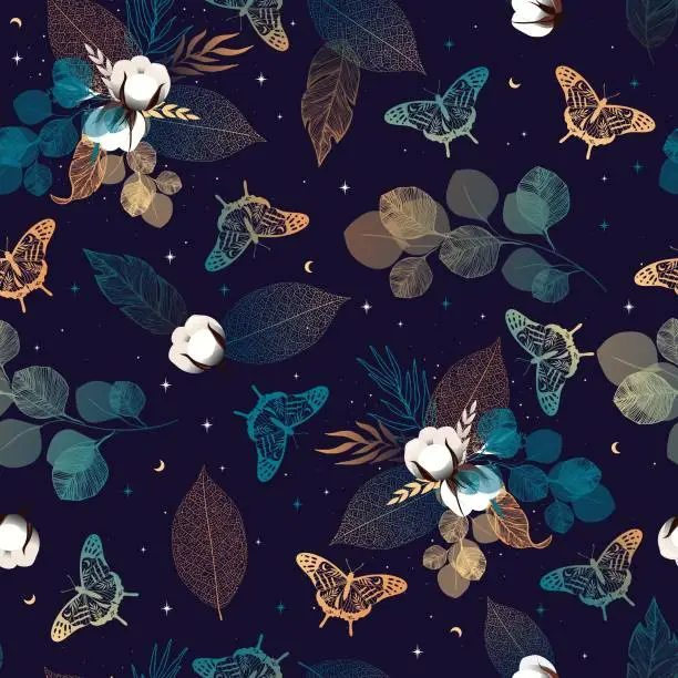 Vector illustration of Magical pattern with butterflies and herbs. Ethnic moon seamless pattern.
