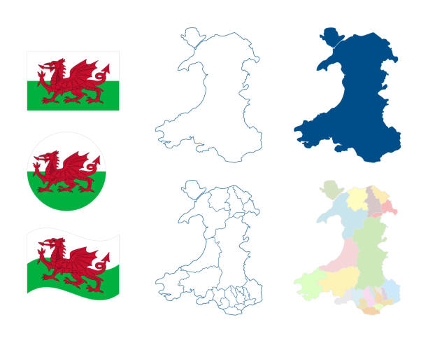 ウェールズの地図。詳細な青い輪郭とシルエット。行政区画と郡。国のフラグ。ベクトル マップのセット。すべて白い背景に隔離されています。デザイン用のテンプレート。 - wales cardiff map welsh flag点のイラスト素材／クリップアート素材／マンガ素材／アイコン素材